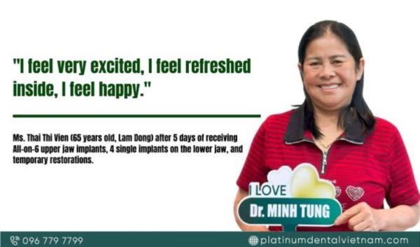 Mrs. T.V smiling radiantly 5 days after successful Implant treatment at Platinum Dental Group.