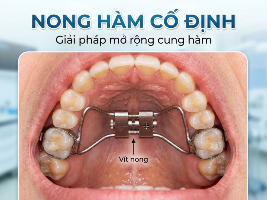 Khí cụ nong hàm cố định là loại được gắn trực tiếp vào các răng hàm